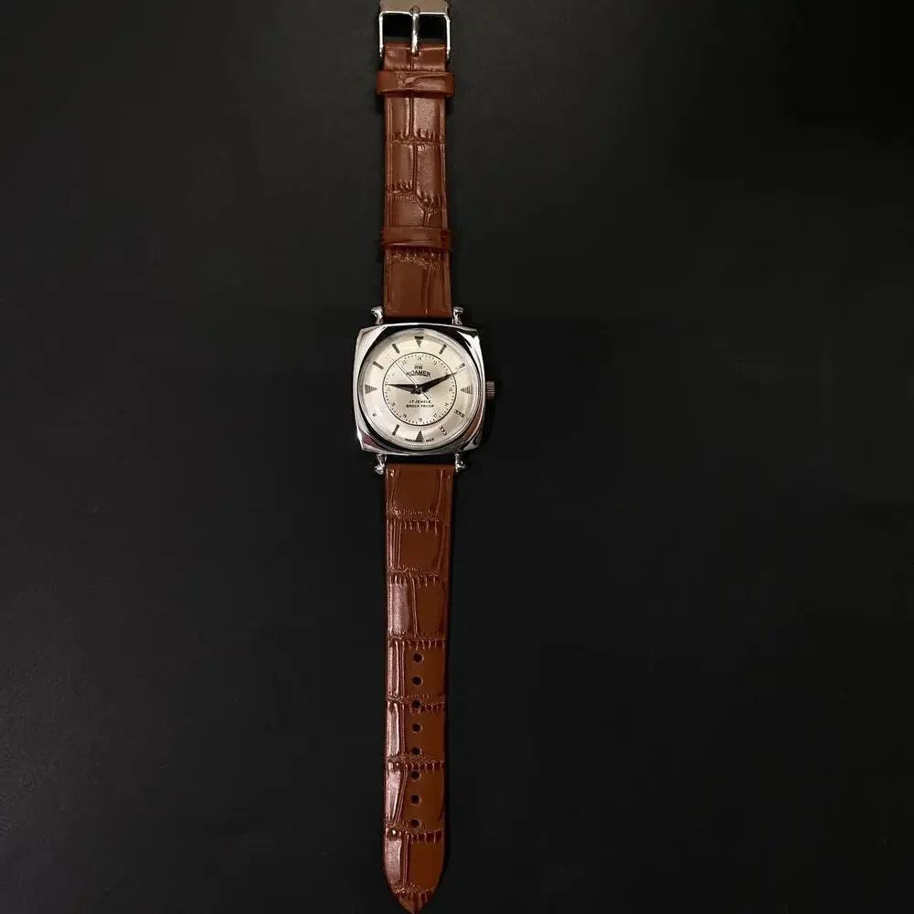 Vintage 1977 Roamer Manual Mens Silver Watch W/Leather Strap & White accents